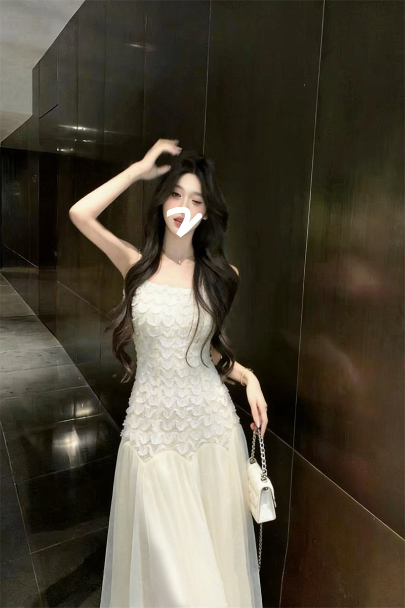 정가 실사 부드러운 바람 쌀 살구 색상 슬립 드레스 여름 망사 퍼프 요정 치마 해변가 휴가 롱 스커트