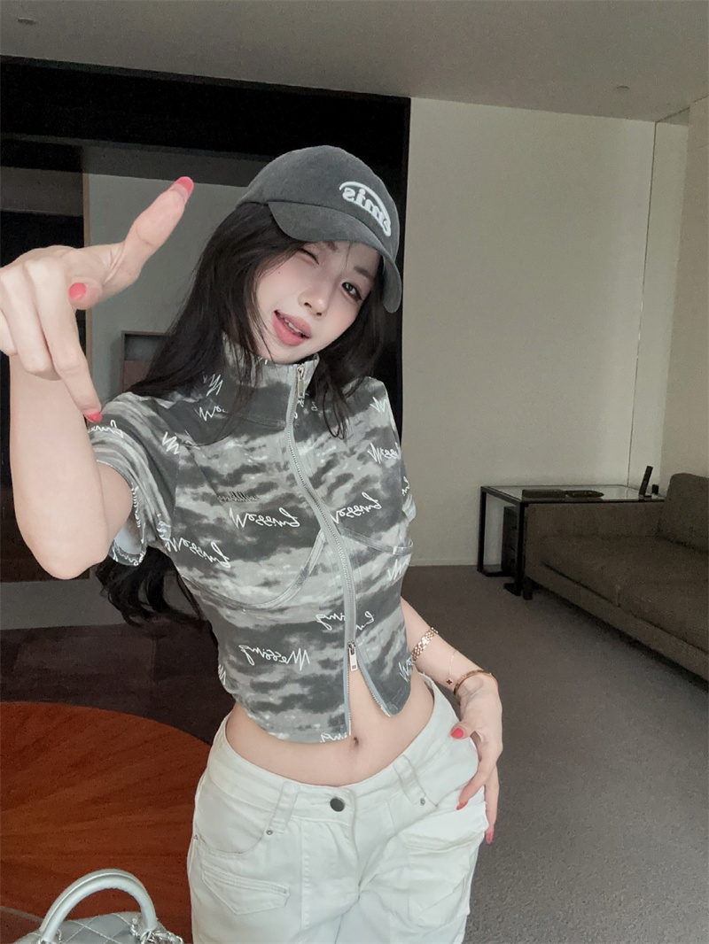 정가 실사 아메리칸 레트로 홀치기 염색 신문 곡물 하이웨이스트 몸매 가꾸기 쇼트 스타일 타이트 카디건 코트 슬림해 보이는 작은 셔츠