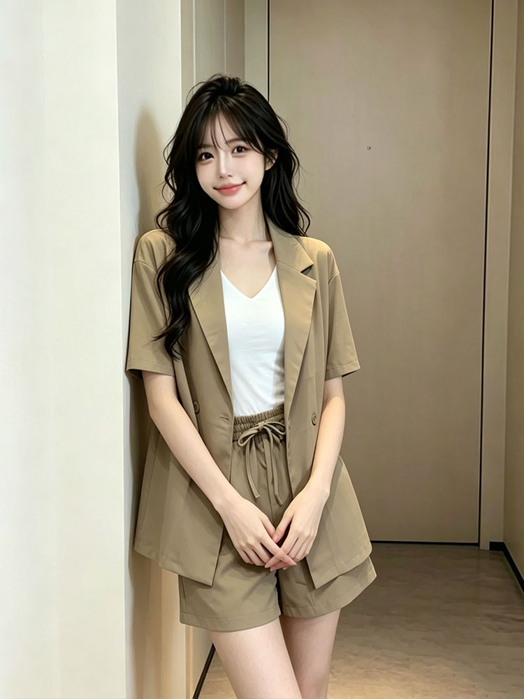 정가 실사 2026 여름 새로운 프랑스식 쉬폰 정장 반팔 셔츠 하이웨이스트 넓은 다리가 짧다. 바지 투피스 세트