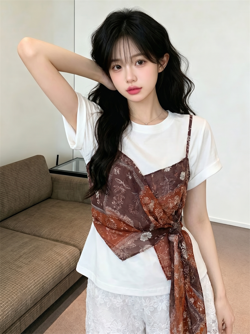 정가 실사 민족 스타일 스카프 스트랩 허리 수축 반팔 티셔츠 2026 여름 새로운 불규칙 아름다운 맨위