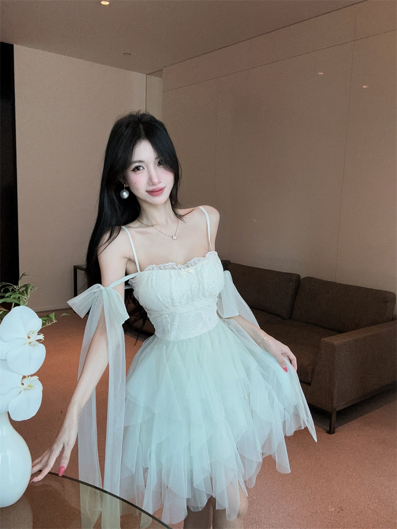 정가 실사 프랑스식 해변가 휴가 바람 망사 슬립 드레스 여름 순수한 욕망 바람 리본 요정 롱 스커트