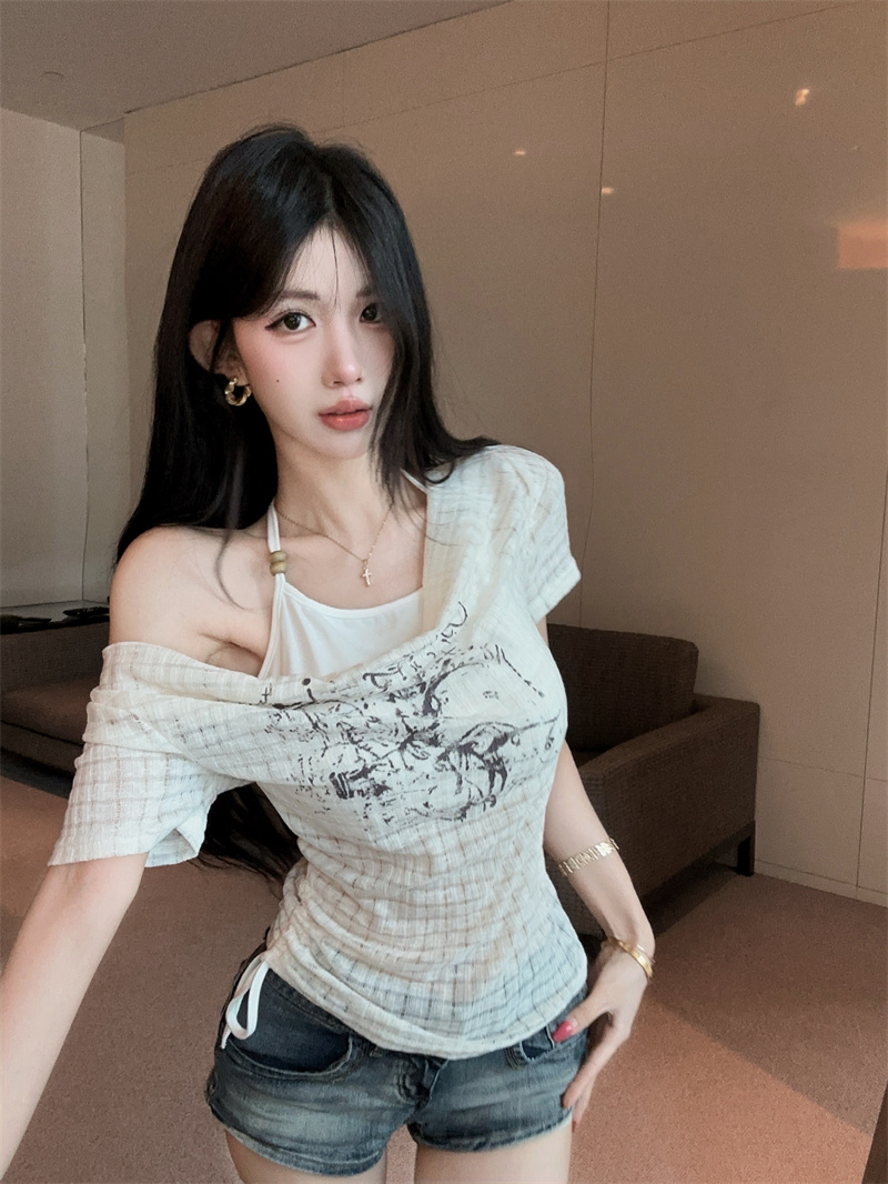 정가 실사 순수한 욕망 바람 핫걸 고유 한 반팔 페이크 레이어드 착용 가져 가라. 레트로 허리 수축 행침 목 흔들다 칼라 맨위 여성