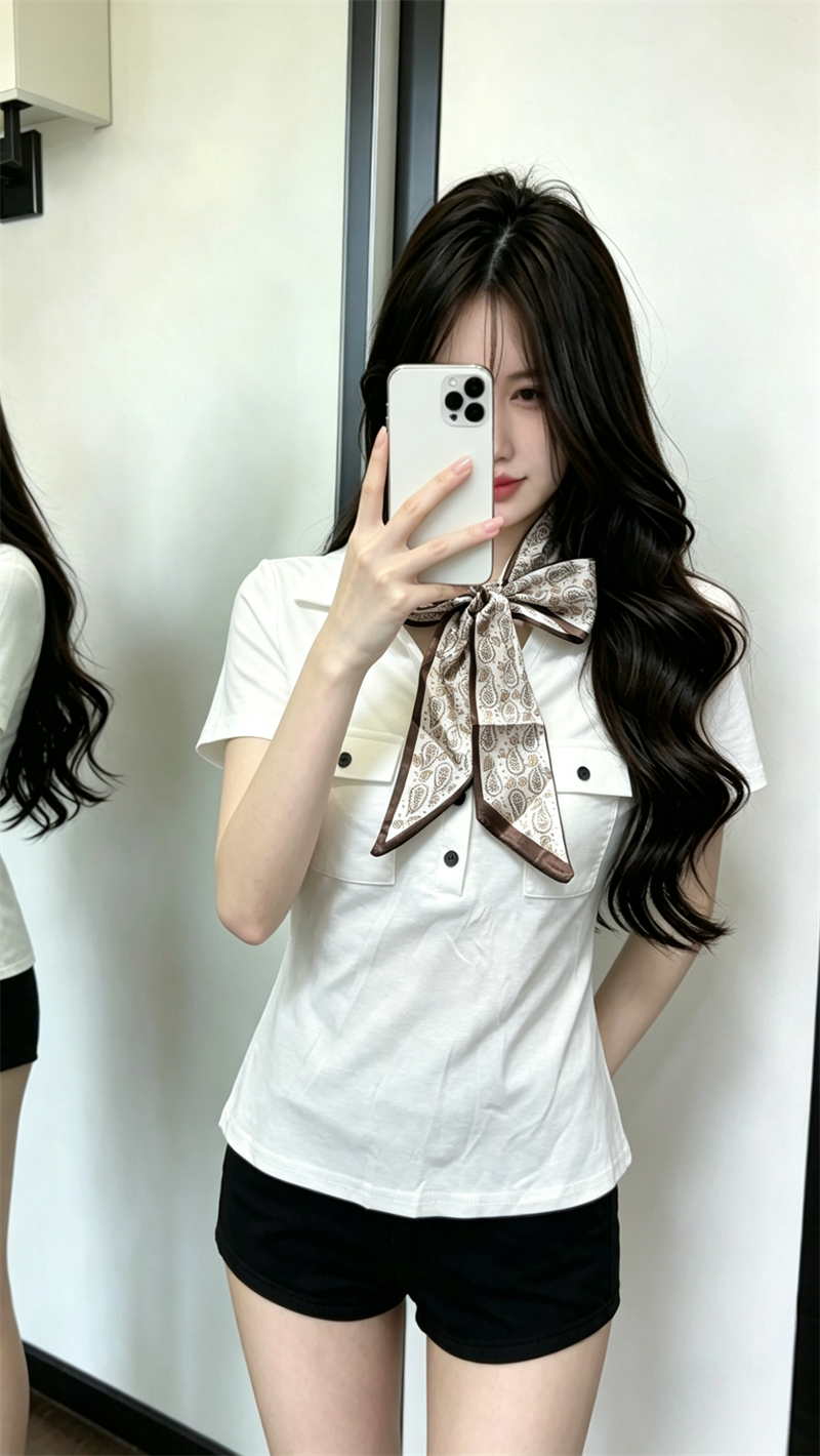 정가 실사 여름 새로운 꽃무늬 스카프 POLO 칼라 반팔 티셔츠 레트로 몸매 가꾸기 주머니 아름다운 단추 맨위