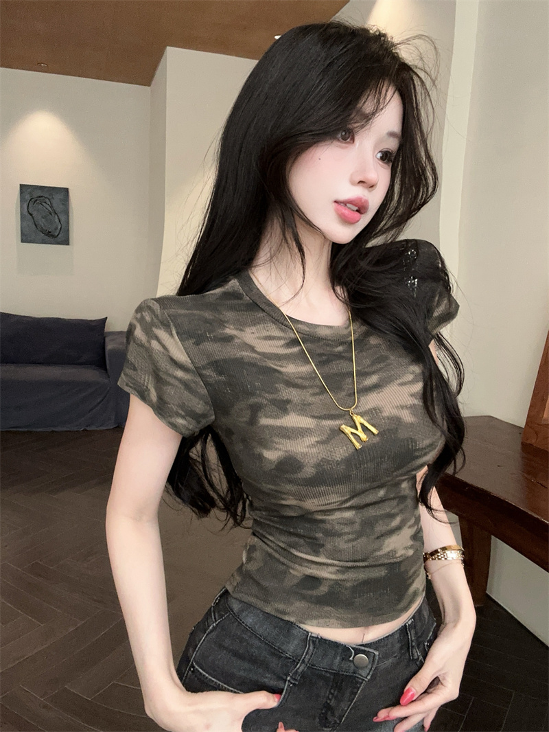 정가 실사 아메리칸 레트로 카모플라주 홀치기 염색 쇼트 스타일 긍정적 인 어깨 티셔츠 여성 슬림해 보이는 핫걸 조수 브랜드 쇼트 스타일 맨위 여성