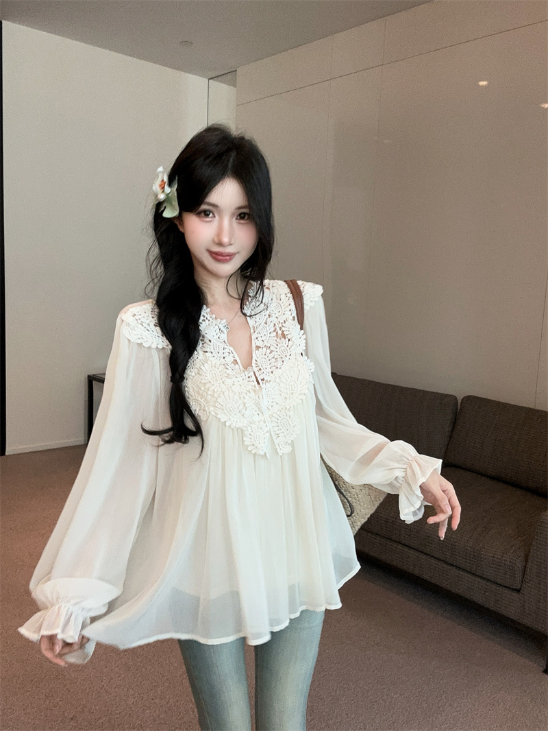 정가 실사 2026 여름 새로운 레이스 쉬폰 나팔 소매 작은 셔츠 여성 V 넥 셔츠 슬립 두 조각 여성 세트