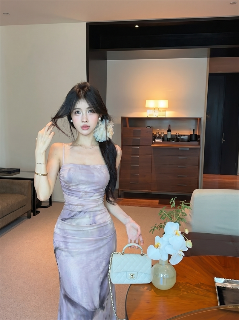 정가 실사 보라색 색 후광 염색 프린트 슬립 여성 드레스 여름 새로운 휴가 바람 품격 아름다운 롱 스커트