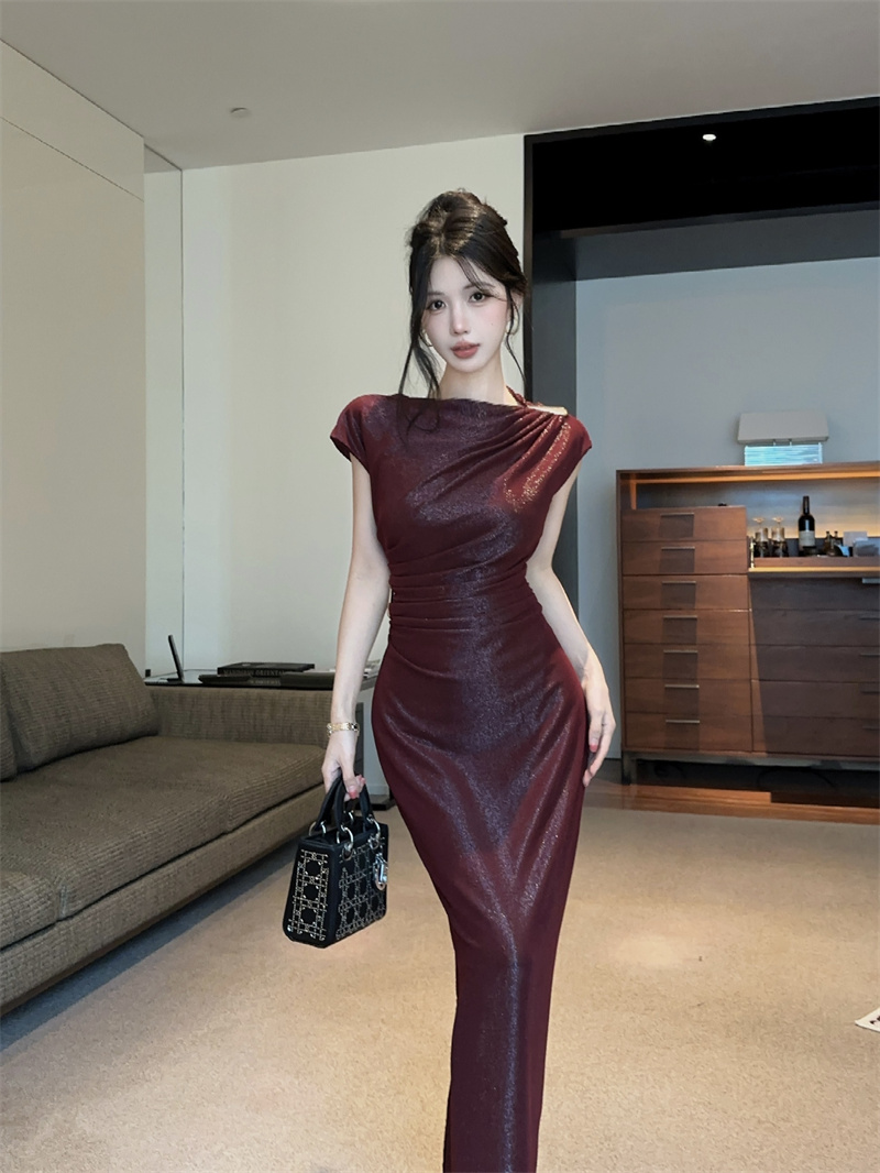 정가 실사 도루 가을 센스 높음 폭탄 좋은 플래시 니트 펌프 Pleat 몸매 가꾸기 슬림해 보이는 민소매 디자인 센스 외국 가스 드레스