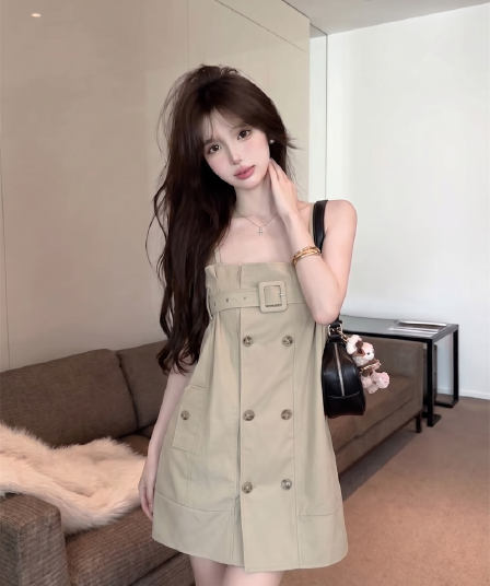 정가 실사 레트로 이중 버튼 워크웨어 바람막이 센스 슬립 여성 드레스 여름 높음 질감 작은 키