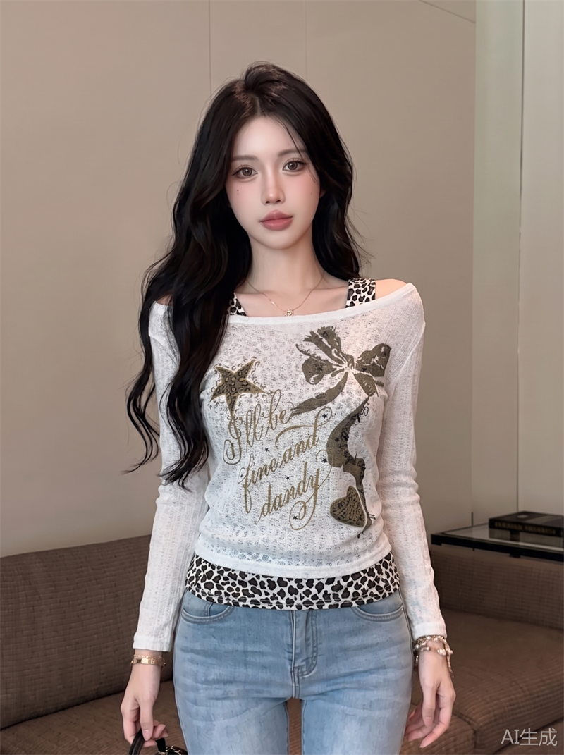 RY7722# 实价实拍~纯欲风辣妹独特短袖假两件穿搭复古收腰挂脖斜肩上衣...