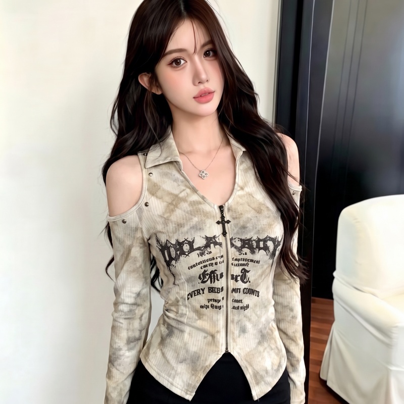 BY30194# 美式复古露肩拉链T恤设计感秋季新款小众修身显瘦上衣女 服裝批發女裝批發服飾貨源