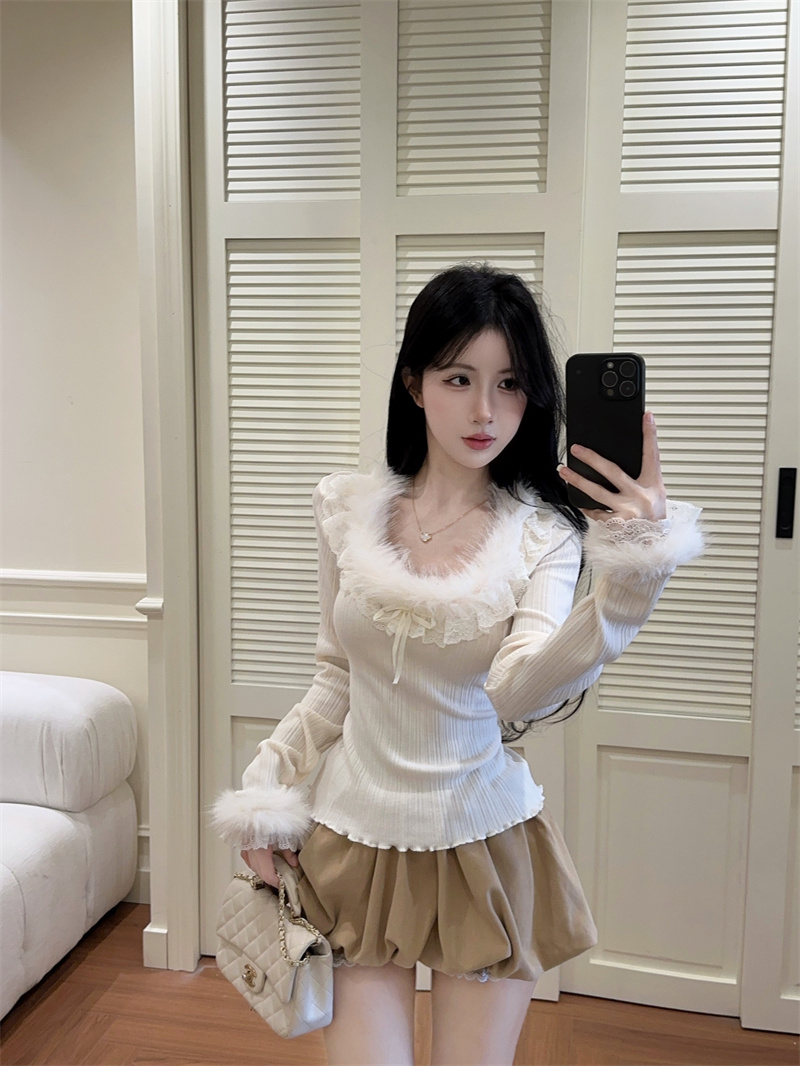 甜妹穿搭蕾丝花边毛绒设计感秋季内搭打底衫巨好看上衣  服裝批發女裝批發服飾貨源