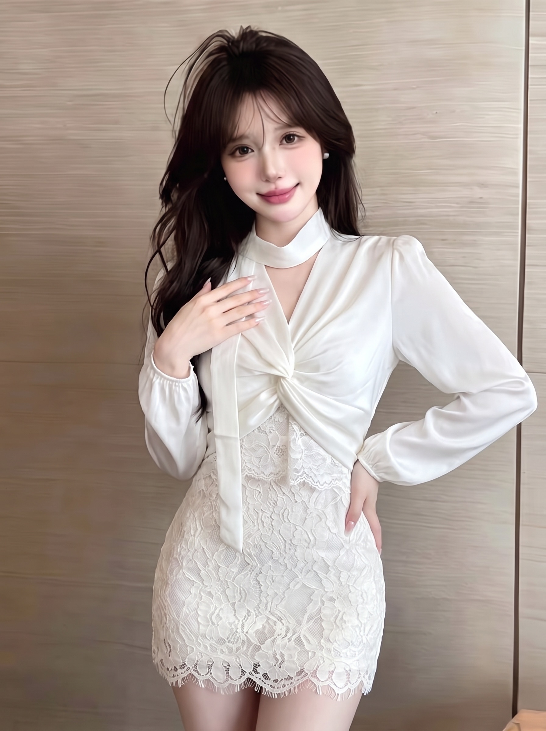 休闲纯欲风蕾丝拼接上衣收腰显瘦包臀蕾丝半身裙两件套  服裝批發女裝批發服飾貨源