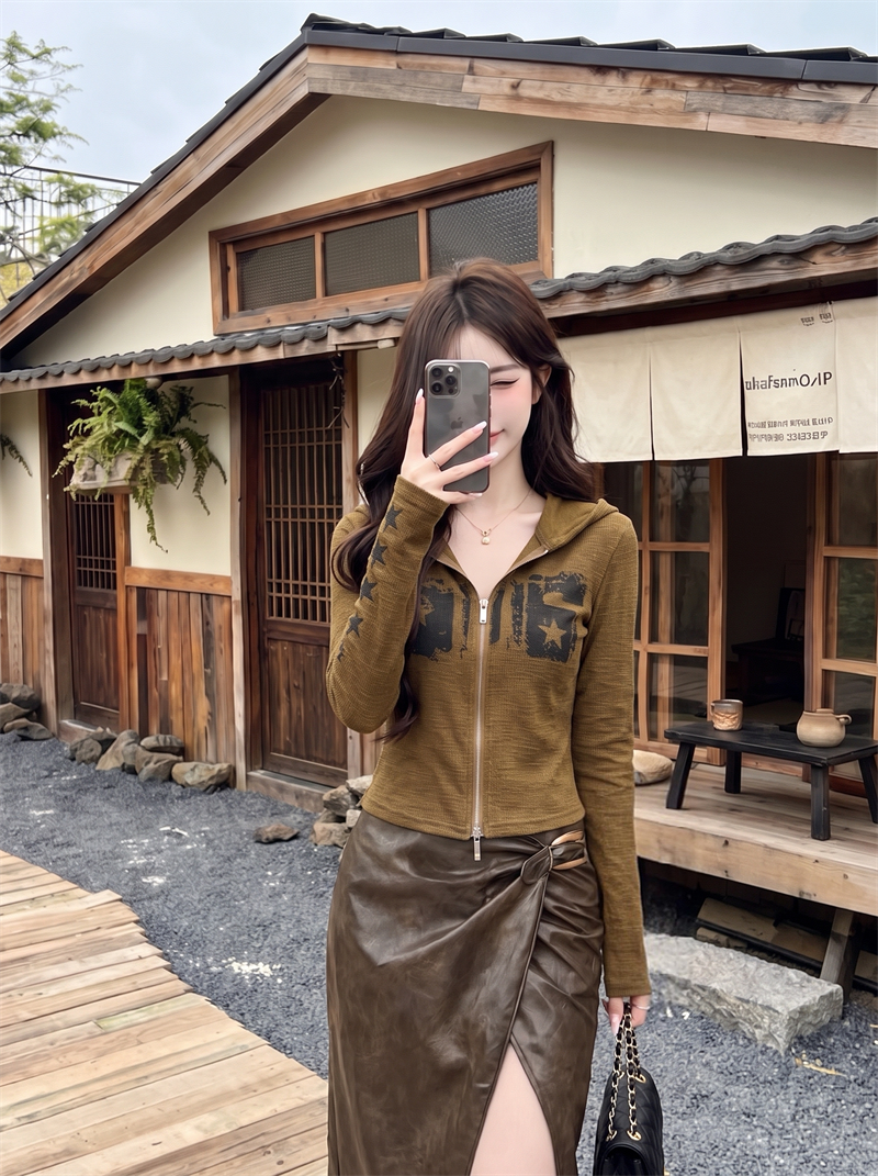 美式复古字母印花连帽拉链开衫女秋季百搭显瘦外套  服裝批發女裝批發服飾貨源