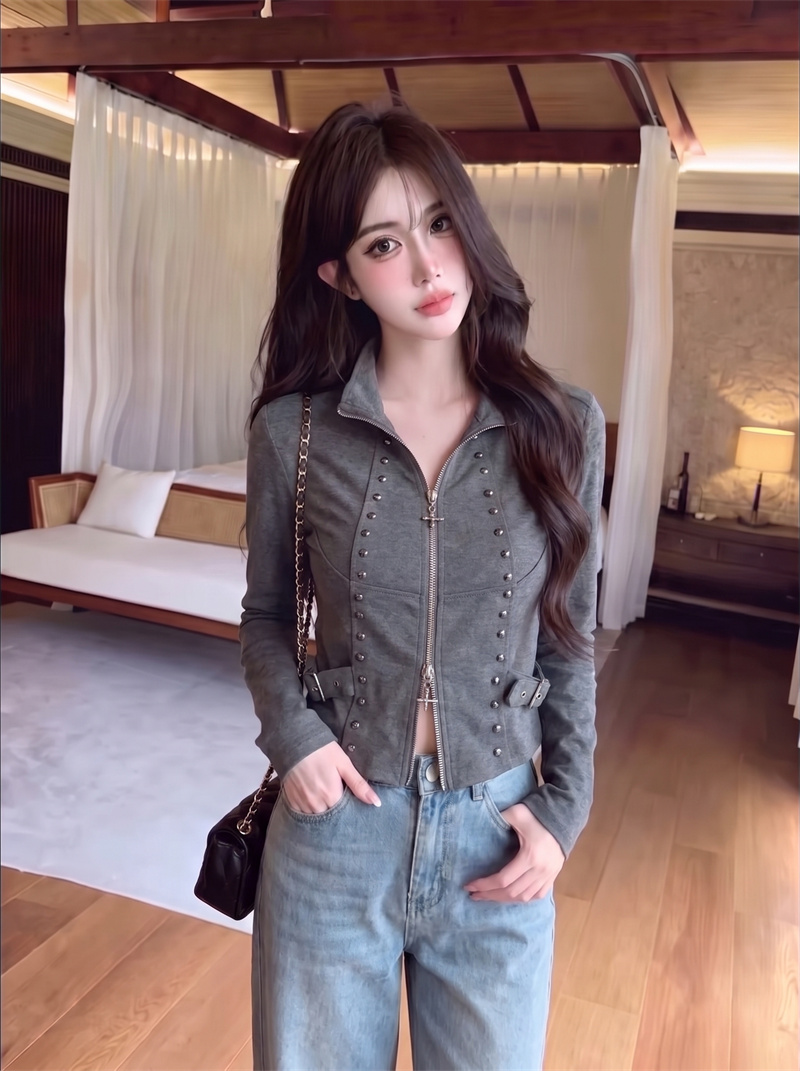 美式高街风立领双拉链铆钉长袖加厚外套女收腰短款上衣  服裝批發女裝批發服飾貨源