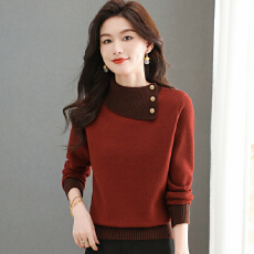 批发秋冬毛衣女设计感撞色拼接半高领针织打底衫百搭温柔上衣羊毛内搭