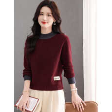 批发半高领针织<b class='q'>打底衫</b>女士上衣2025新款秋冬洋气拼色宽松显瘦短款毛衣