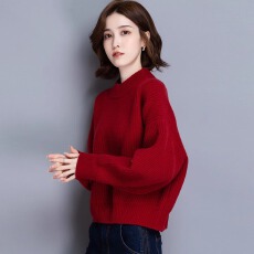 批发春秋新款半高领加厚纯羊毛针织打底衫内搭女士蝙蝠袖短款套头毛衣