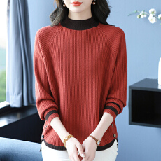 批发秋<b class='q'>冬</b>季半高领开叉毛衣女条纹撞色中老年针织羊毛衫大码遮肚打底衫