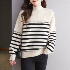 批发半高领黑白条纹毛衣女秋<b class='q'>冬</b>季2025新款爆宽松加厚款内搭针织打底衫