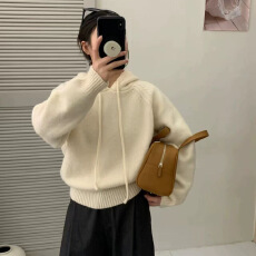 批发韩系慵懒风连帽针织毛衣女秋冬新款设计感宽松保暖帽衫卫衣外套