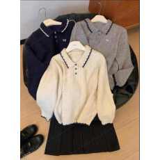 批发Polo领镂空刺绣蝴蝶结针织开衫女秋冬款小个子毛衣