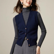 批发法式复古藏青色v领针织背心马甲女<b class='q'>春</b>秋外穿开衫短款坎肩无袖上衣