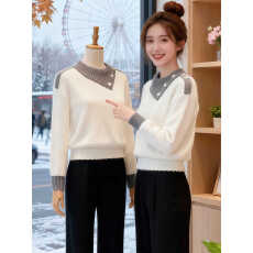 批发白色翻领拼接针织衫毛衣女款2025新款冬季加厚<b class='q'>韩</b>系慵懒<b class='q'>风</b>内搭上衣