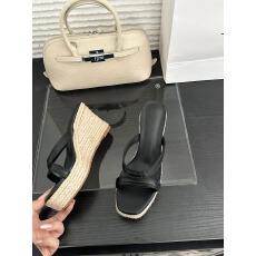 26新款坡跟麻绳厚底防水台纯色带子拖鞋