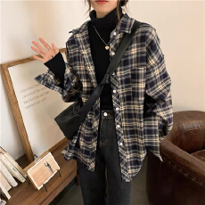 批发设计感百搭小众长袖衬衣女秋冬复古格子衬衫外套宽松休闲polo上衣