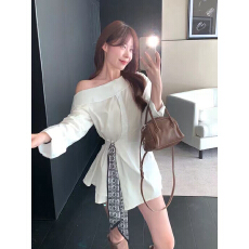 批发复古不规则斜领露肩<b class='q'>长袖</b>衬衫女设计感小众显瘦衬衣高腰短<b class='q'>裤</b>两件套