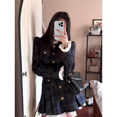 批发韩系富家千金穿搭复古格纹连衣裙女高级感小香风收腰显瘦百褶短裙