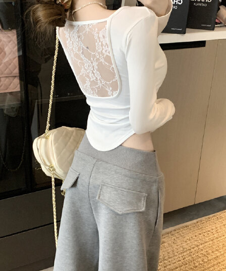 실사 정가 섹시함 핫걸 바람 뒤로 홀로우 아웃 레이스 조각 u 칼라 긴팔 티셔츠 여성 몸매 가꾸기 인사이드 가져 가라. 기본 셔츠