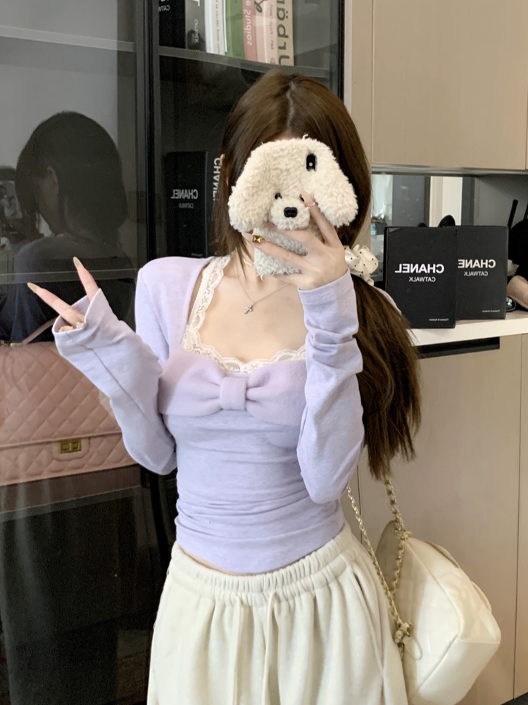 실사 정가 순수한 욕망 섹시함 광장 칼라 레이스 측면에 의류 여성 핫걸 나비 매듭 긴팔 티셔츠 인사이드 가져 가라. 기본 셔츠