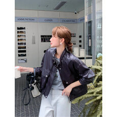 批发韩版复古工装立领PU皮衣<b class='q'>外套</b>女高级感宽松<b class='q'>百搭</b>机车夹克酷飒上衣