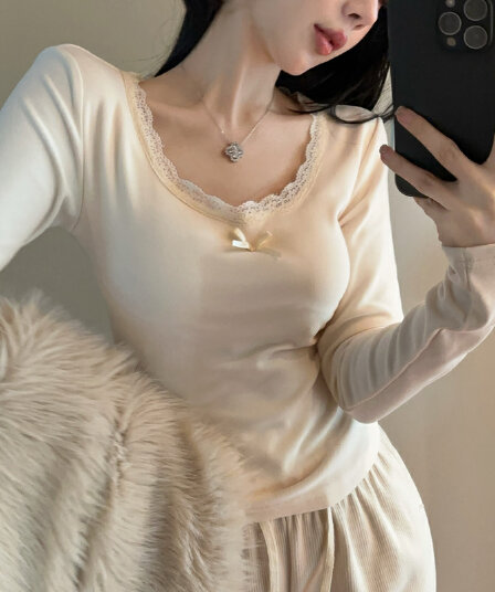 실사 정가 순수한 욕망 레이스 측면 u 칼라 De 플러시 기본 셔츠 여성 가을 겨울 긴팔 몸매 가꾸기 티셔츠 품격 인사이드 잡아라. 의류