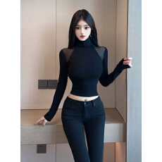 批发实拍实价纯欲性感露肩高领网纱长袖T恤女辣妹修身加厚内搭打底衫