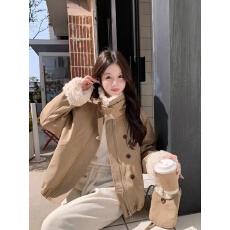 批发赵露思同款卡其色皮毛一体羊羔毛翻领外套女加厚加绒休闲绝美上衣