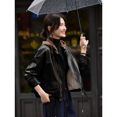 批发美拉德超火加绒短款皮衣外套女酷飒风可拆卸针织帽复古机车皮夹克