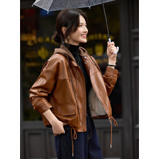 批发美拉德超火加绒短款皮衣外套女酷飒风可拆卸针织帽复古机车皮夹克