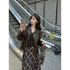 批发实拍实价美拉德高级感PU皮衣外套女酷飒风美式复古短款机车皮夹克