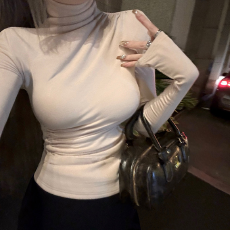 批发半高领针织打底衫女设计感德绒磨毛长袖褶皱T恤修身显瘦内搭上衣