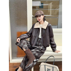 批发拉美德羊羔毛翻领皮衣外套女加厚加绒宽松显瘦美式复古机车皮夹克