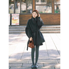 批发深冬独特巨好看加厚灰色呢子大衣女中长款系带宽松<b class='q'>显瘦</b>毛呢外套