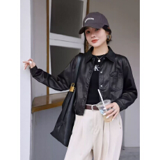 批发酷飒风翻领短款PU皮衣外套女休闲显瘦气质百搭绝美复古机车皮夹克