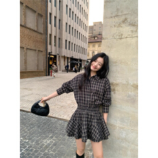 批发辣妹复古格子衬衣裙收腰连衣裙女设计感小众气质显瘦百搭A字短裙