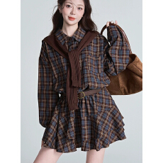 批发复古格子衬衫<b class='q'>连衣裙</b>针织披肩套装女巨好看收腰显瘦气质穿搭一整套