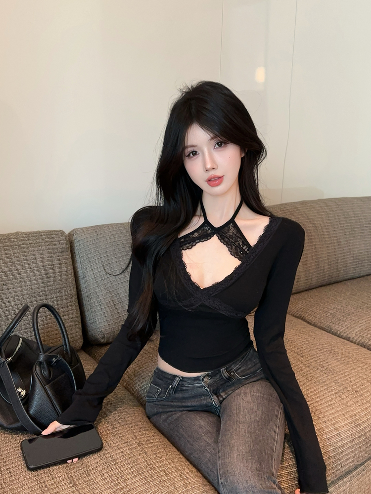 실사 정가 순수한 욕망 섹시함 레이스 조각 V넥 행침 목 긴팔 티셔츠 여성 핫걸 몸매 가꾸기 타이트 만나는 맨위