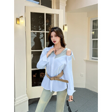 批发实拍实价性感露肩假两件拼接衬衫女设计感宽松小众百搭不规则衬衣
