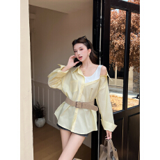 批发实拍实价性感露肩假两件别致衬衫女设计感宽松小众百搭不规则衬衣