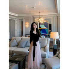 批发韩系高智法式千金感气质<b class='q'>连衣裙</b>女收腰显瘦针织<b class='q'>拼接</b>网纱气质长裙